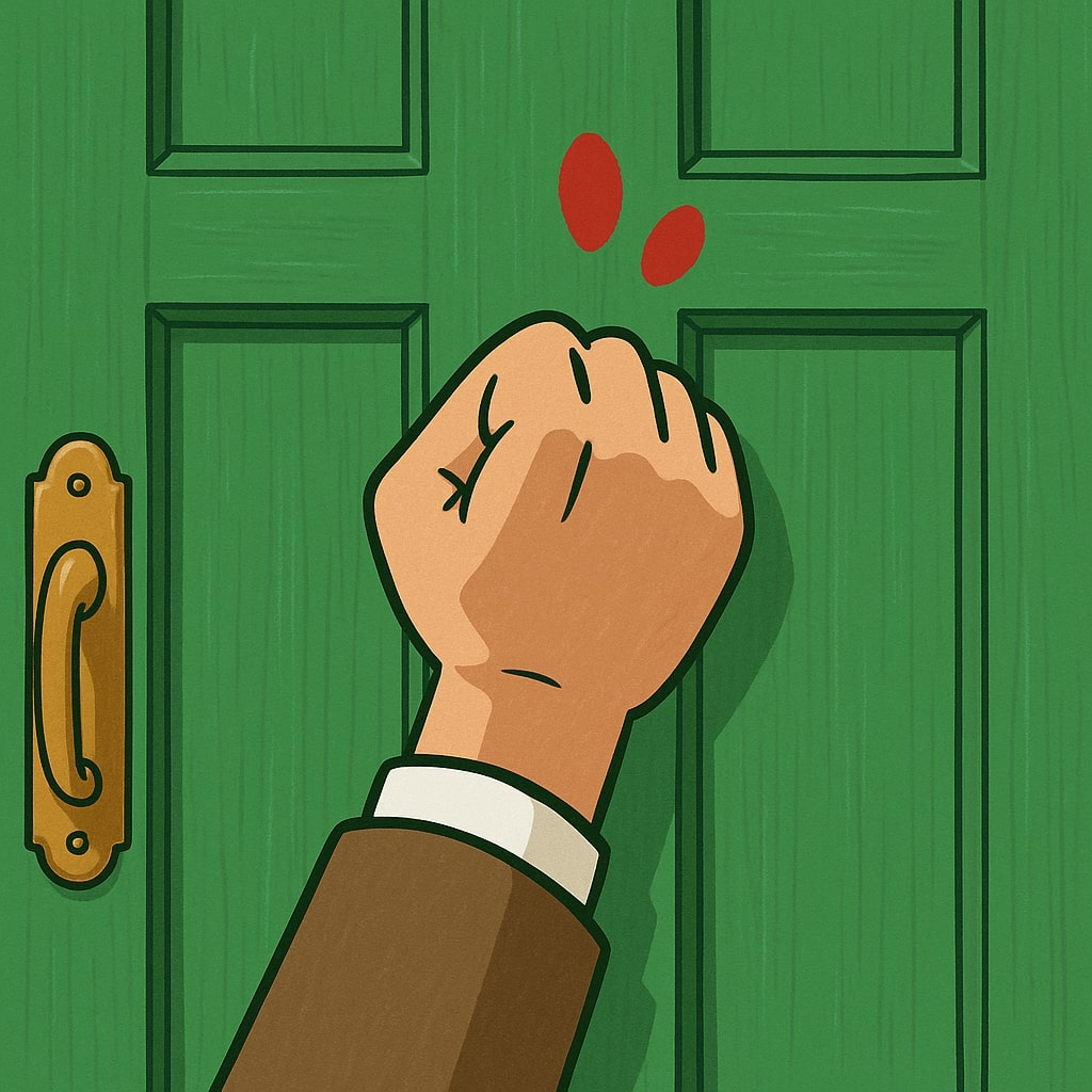 salesperson knocking door with blood on it