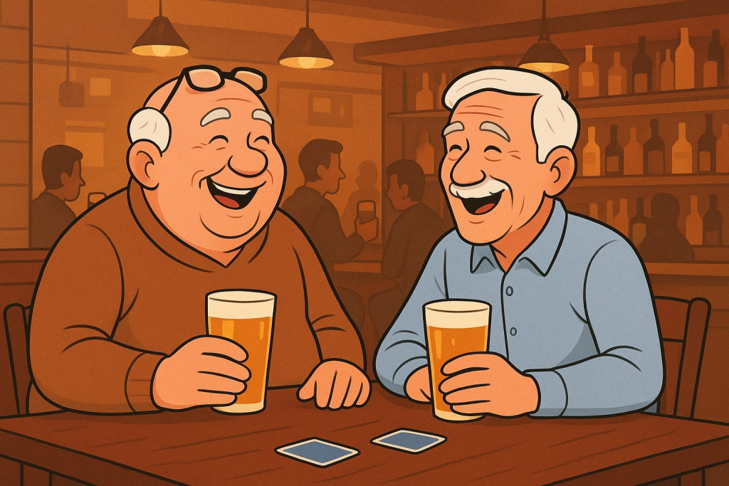 two elderly men drinking beer