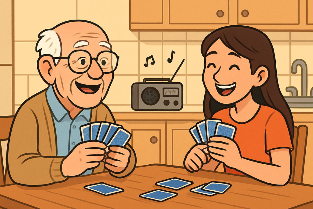old man and young woman laughing playing cards