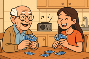 old man and young woman laughing playing cards